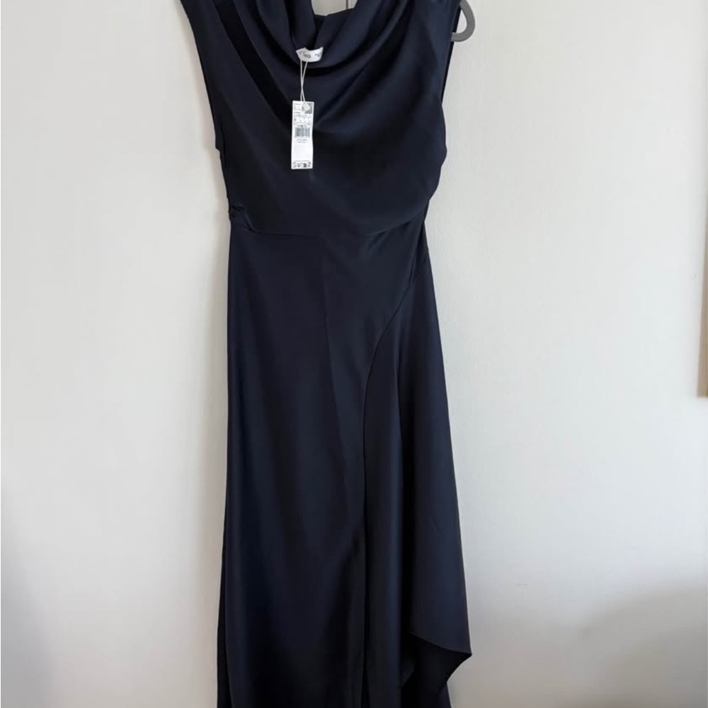 Mango Navy Asymmetrical Cowl-Neck Dress